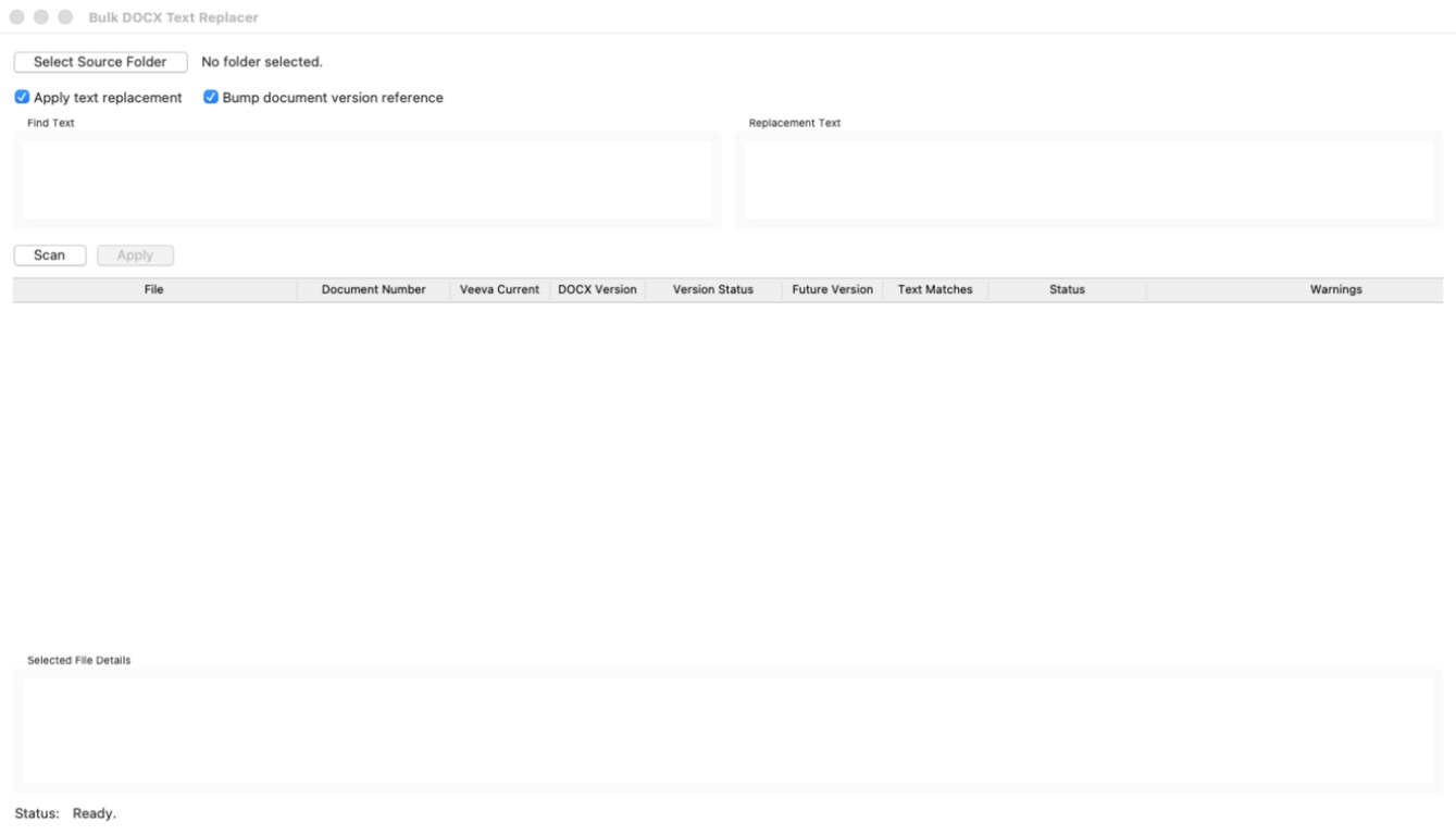 The Bulk DOCX Text Replacer desktop application showing source-folder selection, text-replacement fields, version-update controls, and a results table.